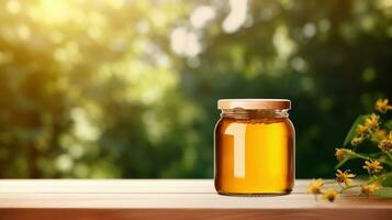 AI generated jar of honey with blank front realistic on a mockup template in a wooden table in a summer garden with bee, photo