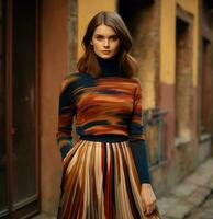 AI generated a beautiful women is wearing an multicolored sweater and pleated skirt, photo