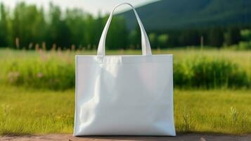 AI generated Cotton white plain tote bag ith blank front, realistic on a mockup template in a green meadow photo