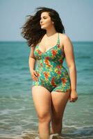 AI generated Full length portrait of happy plump mid shaped woman size plus in bright floral swimsuit on seashore photo