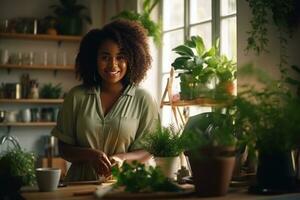 AI generated Cheerful smiling dark skinned young woman doing hobby home gardening transplanting green plants. photo