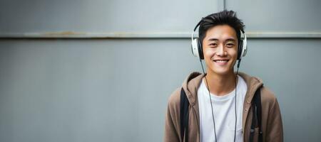 AI generated Cheerful asian young man listening music with headphones on grunge gray wall background. Copy space. photo