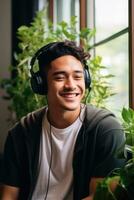 AI generated Asian young man listening to music with headphones sitting near window with green house plants. photo