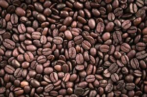 Mixture of different kinds of fresh roasted brown coffee beans in dark tones photo