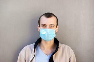 The image face of a young man wearing a medicine mask. photo