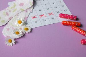 Menstrual pads and tampons on menstruation period calendar with chamomiles on pink background. photo