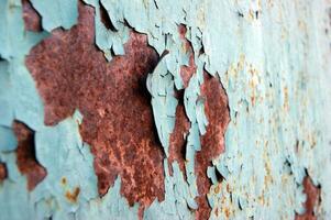 Light blue rust metal decayed crumpled sheet wide background. photo