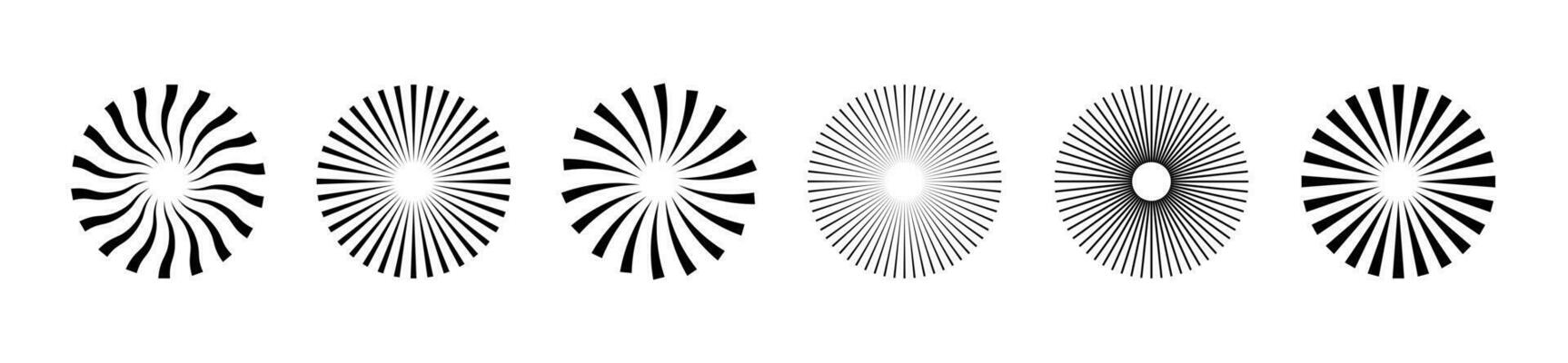 Starburst stripe round set. Ray lines emanate from the center of the circle. Pack of geometric elements. Isolated vector illustration on white background.