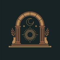 mystic sun doorway logo, antique arch architecture entrance and stairway icon, with door, window and palm trees in contemporary aesthetic boho style vector