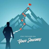 journey concept vector illustration of a mountain with path and a flag at the top, route to mountain peak, business journey and planning concept.