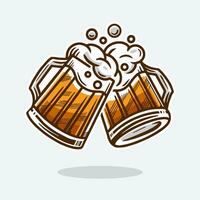 two mugs of beer vector illustration. Drinks beer with a lot of foam. Cartoon style. Isolated on white background. Design for banner, poster, greeting cards, web, invitation to party.