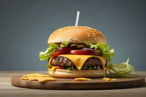 AI generated a hamburger with cheese and lettuce on a wooden table photo