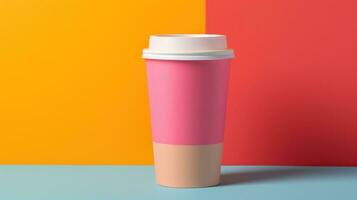 AI generated paper coffee cup with blank front, realistic on a mockup template in a colorful abstract backgrounde, photo