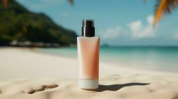 AI generated Cosmetic product with blank front, realistic on a mockup template in a sand in a tropical beach photo