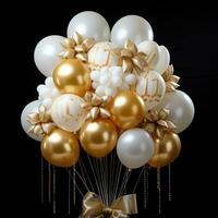 AI generated elegant gold and white balloon display set against a dark background photo