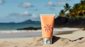 AI generated Cosmetic product with blank front, realistic on a mockup template in a sand in a tropical beach photo