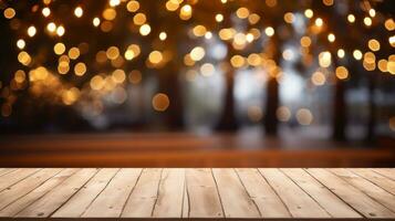 AI generated an empty wooden table top on a terrace. In the background, photo