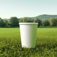 AI generated paper coffee cup with blank front, realistic on a mockup template in a green meadow, photo