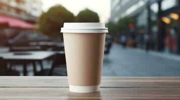 ai generado papel café taza con blanco frente, realista en un Bosquejo modelo en un lujo restaurante foto