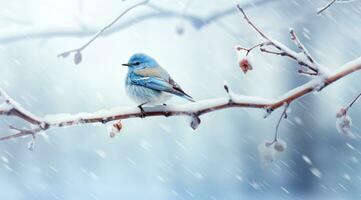 AI generated a small blue bird standing on the branch in a snowy snowy scene, photo