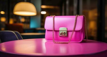 AI generated pink purse with chain and clasp on the table, photo