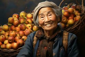 AI generated an elderly woman smiling with a basket full of apples, photo