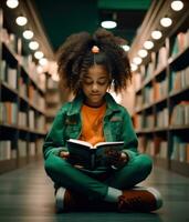 AI generated little girl sitting on book reading in the library reading photo