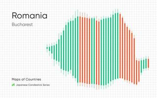 Romania map is shown in a chart with bars and lines. Japanese candlestick chart Series vector