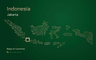 Indonesia Map with a capital of Jakarta Shown in a Microchip Pattern with processor. E-government. World Countries vector maps. Microchip Series