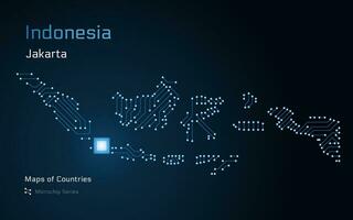 Indonesia Map with a capital of Jakarta Shown in a Microchip Pattern with processor. E-government. World Countries vector maps. Microchip Series