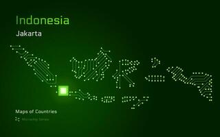 Indonesia Map with a capital of Jakarta Shown in a Microchip Pattern with processor. E-government. World Countries vector maps. Microchip Series