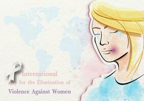 Beautiful cartoon character woman crying from be hurt with bruise and International day for the elimination of Violence Against Women wording with watercolor on white paper pattern background vector