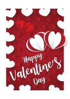 White and red hearts in paper cut style with shadow and Happy Valentine's Day white wording red background. Valentine's greetion ng card in vector design.