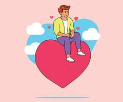 masculino personaje linda sentar en grande corazón globo que cae en amor concepto para amor y enamorado, plano ilustración estilo en ligero rosado antecedentes. vector