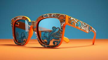 AI generated japanese sunglasses rest on an orange background, photo