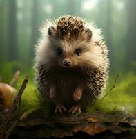 AI generated a baby hedgehog sits still and looking at the camera, photo