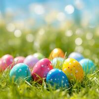 AI generated A vibrant green grass background with colorful Easter eggs scattered throughout photo