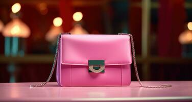 AI generated pink purse with chain and clasp on the table, photo