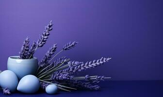 AI generated lavender background with blue eggs and lavender, photo