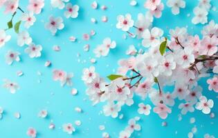 AI generated colorful cherry blossoms flowers pink and blue butterfly on blue background, photo