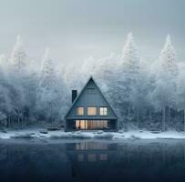 ai generado un casa es rodeado por nieve en un pino bosque, foto