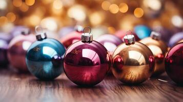 AI generated colorful christmas balls on a shiny surface, cabaret scenes, photo