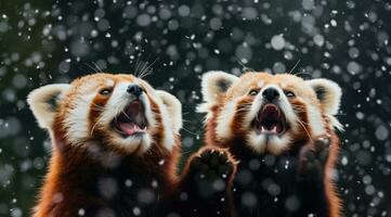 AI generated two red panda cubs fighting in the rain with each other, photo