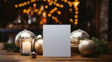 AI generated White greeting card with blank front, realistic on a mockup template in a wooden table in a christmas luxuty background in home inside, photo