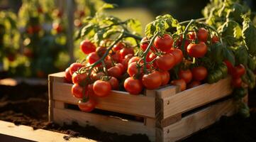 AI generated a wooden box full of tomatoes in the garden, photo