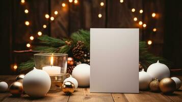 AI generated White greeting card with blank front, realistic on a mockup template in a wooden table in a christmas luxuty background in home inside, photo