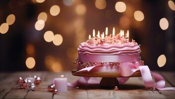 AI generated an elegant pink cake is sitting on a wooden plate with christmas lights in the background, photo