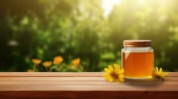 AI generated jar of honey with blank front realistic on a mockup template in a wooden table in a summer garden with bee, photo