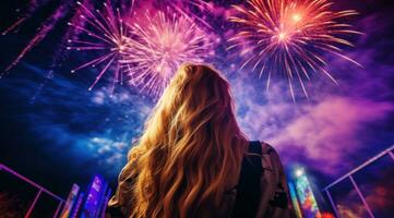 AI generated girl is holding back her hair and looking at fireworks photo