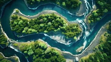 ai generado aéreo ver de un río fluido en medio de un bosque, foto